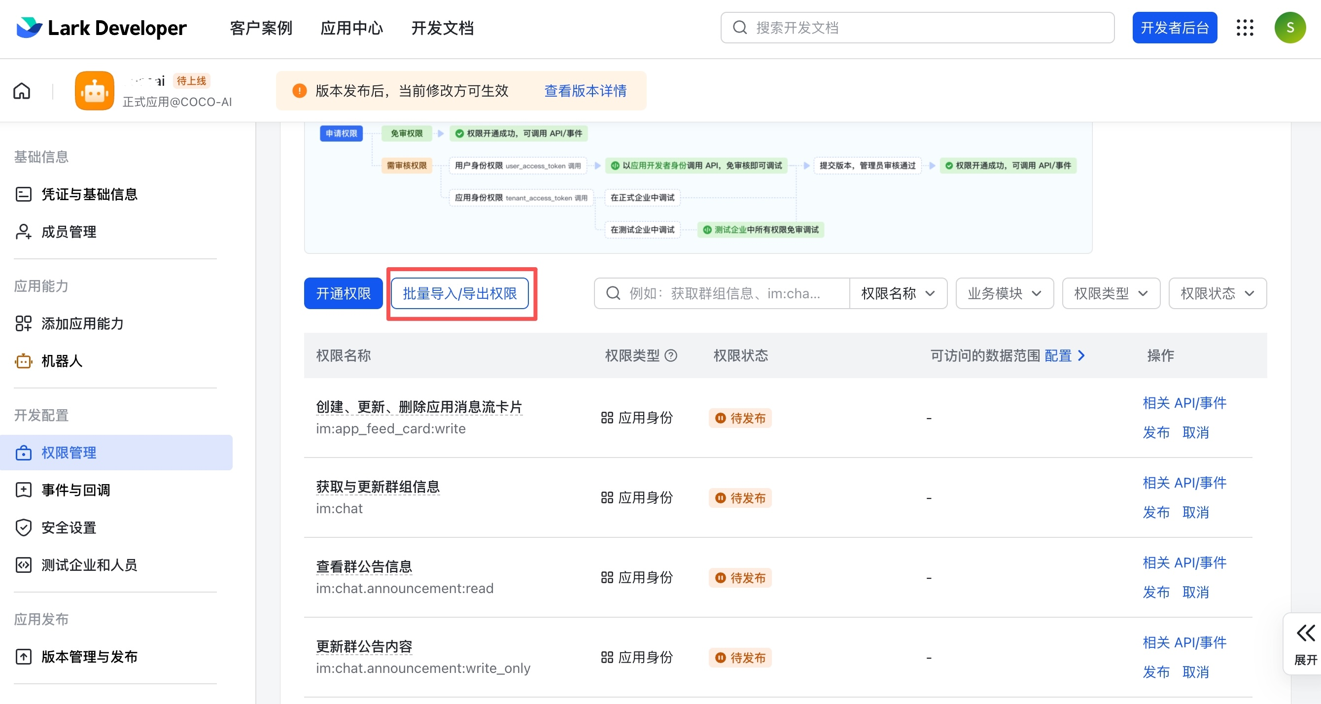 权限管理页面 — 点击「批量导入/导出权限」粘贴 JSON 一键导入